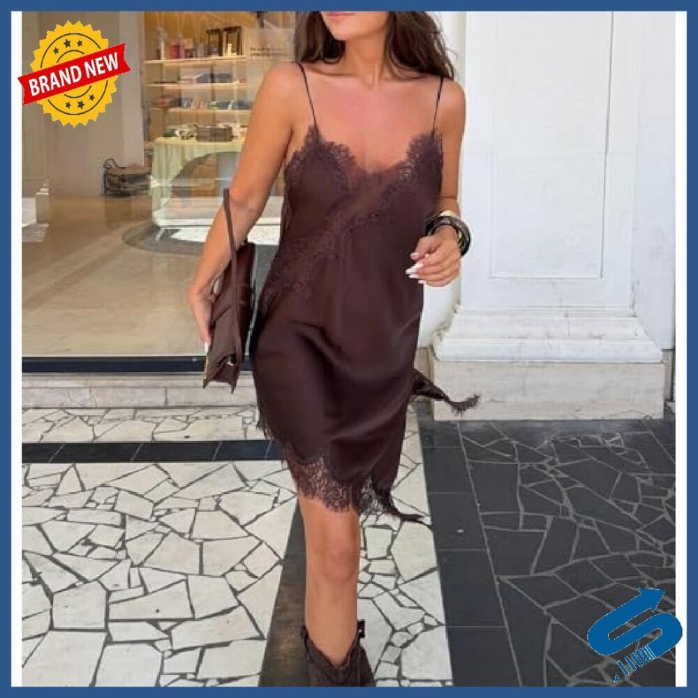 Satin Lace Spaghetti Strap Slip Dress Party Clubwear Mini Dress
